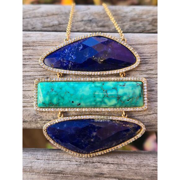 Gorgeous Statement Necklace by Marcia Moran 18K GP, Turquoise Blue Lapis & CZ - Picture 1 of 9